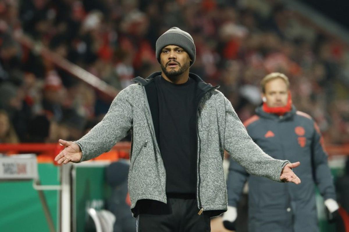 Bayern Munich's Belgian head coach Vincent Kompany reacts during the German Cup (DFB-Pokal) round of 16 football match between 1 FC Union Berlin and FC Bayern Munich in Berlin on December 3, 2025. Odd ANDERSEN / AFP