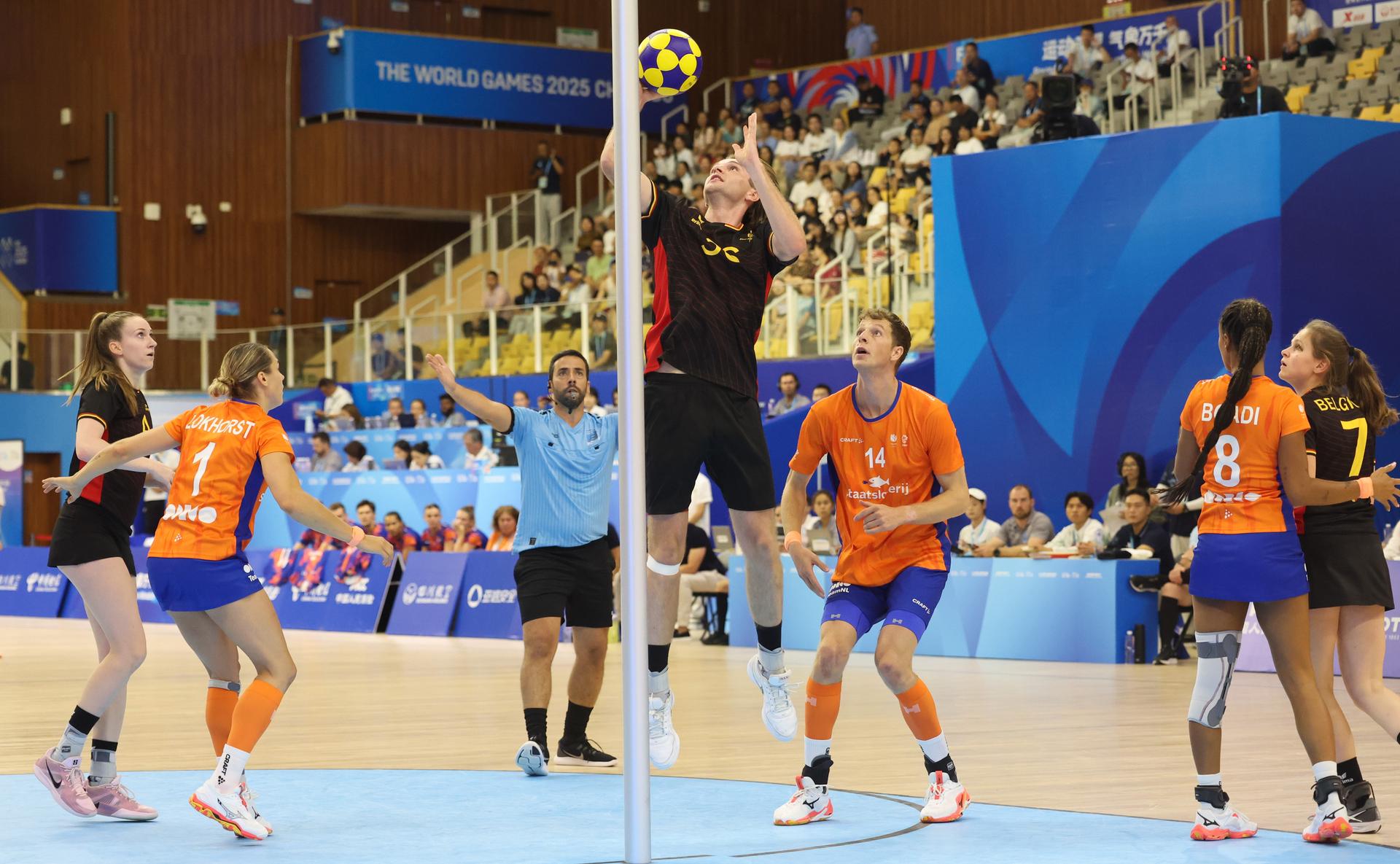 Belgium's Kian Amorgaste fights for the ball during a game against the Netherlands in the final of the Korfball competition of the World Games 2025, in Chenghdu, China, on Tuesday 12 August 2025. This year, the World Games take place from 07 to 17 augustus. BELGA PHOTO VIRGINIE LEFOUR