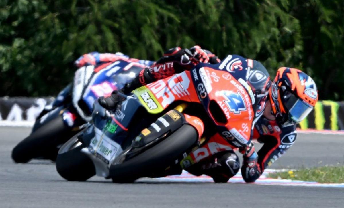 Team MT Helmets - MSi's Ivan Ortola races to win the Moto2 event prior to the MotoGP Grand Prix of Czechia in Brno, Czech Republic, on June 21, 2026. Michal Cizek / AFP