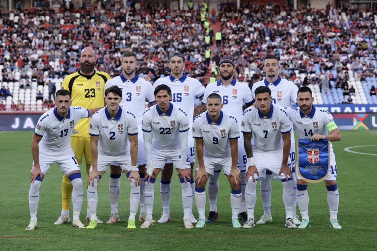Serbia's players pose for a team picture before the UEFA Nations League Group A2 football match between Serbia and Netherlands at the Rajko Mitic stadium in Belgrade on September 27, 2026. Pedja Milosavljevic / AFP