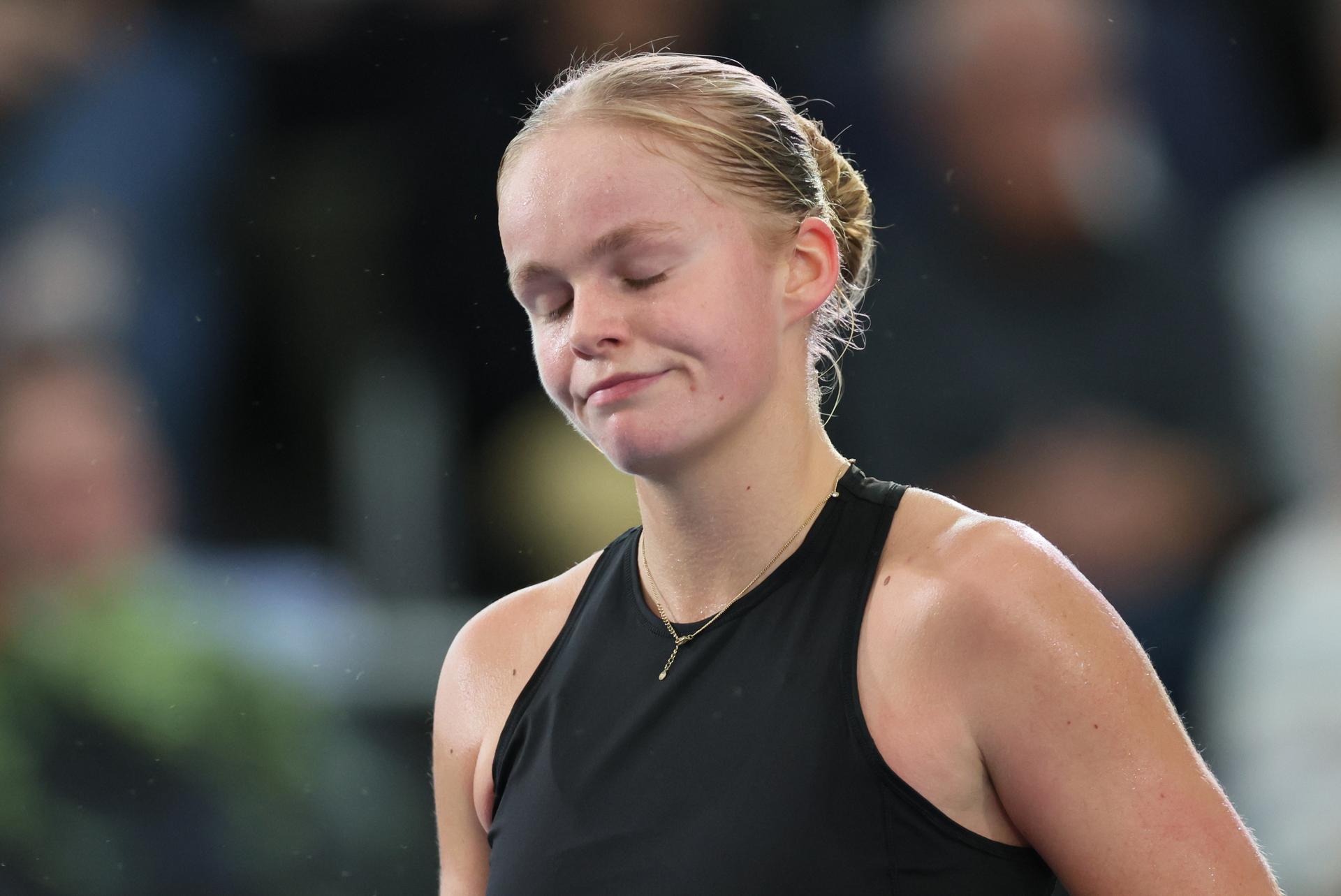 Belgian Jeline Vandromme reacts during the first game between Belgian Vandromme and German Friedsam in the Billie Jean King Cup Play-offs, between Belgium and Germany, on Sunday 16 November 2025 in Ismaning, Germany. PHOTO BENOIT DOPPAGNE