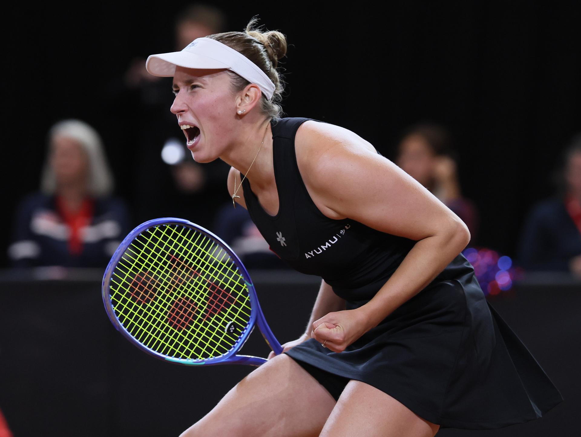 Belgian Elise Mertens reacts during the second game between Belgian Mertens (WTA 20) and US' Kessler (WTA 48) on the first day of tennis matches between Belgium and USA, in the qualifiers of the Billie Jean King Cup tennis, in Oostende, Belgium, on Friday 10 April 2026. The meeting takes place on 10 and 11th April. PHOTO BENOIT DOPPAGNE