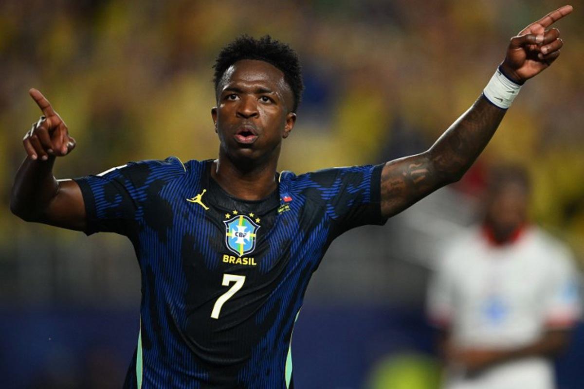 Brazil's forward #07 Vinicius Junior celebrates scoring his team's third goal during the 2026 World Cup Group C football match between Brazil and Haiti at the Philadelphia Stadium in Philadelphia on June 19, 2026. Mauro PIMENTEL / AFP