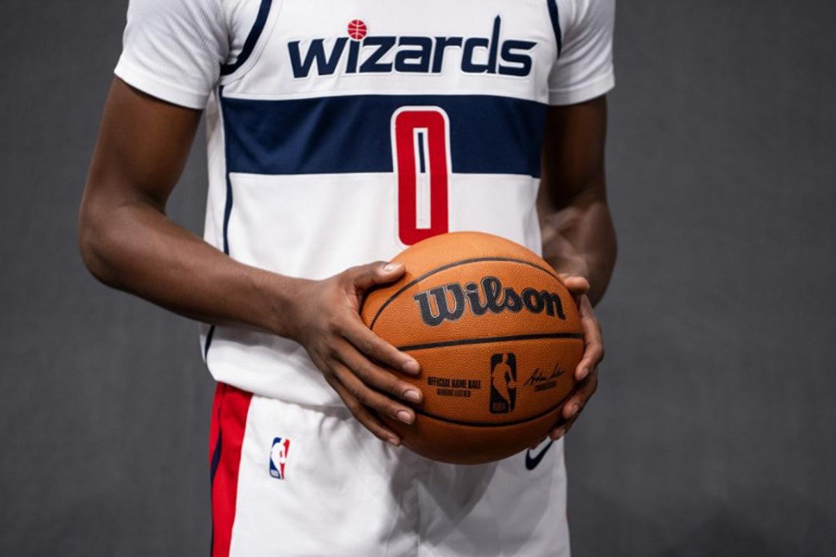 Bilal Coulibaly, French basketball player for the Washington Wizards, poses for a photo during Wizards media day ahead of the NBA season at Capital One Arena in Washington, DC, September 30, 2024. ROBERTO SCHMIDT / AFP