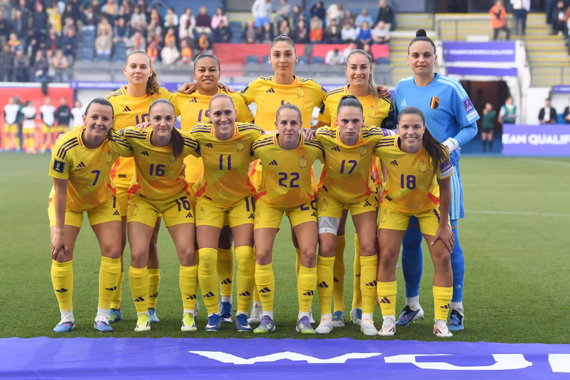 Belgium's players pictured before a soccer game between Belgium's national women's team the Red Flames and Luxembourg, on Friday 05 June 2026 in Leuven, in the fifth of six games of the qualifiers for the 2027 FIFA Women's World Cup. BELGA PHOTO JILL DELSAUX