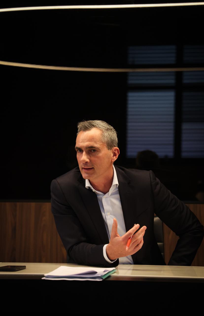 Pro League CEO Lorin Parys gestures during a press conference after a round table on safety in football, organised by the Pro League and the Royal Belgian Football Association (RBFA), Friday 07 November 2025 in Tubize. BELGA PHOTO VIRGINIE LEFOUR