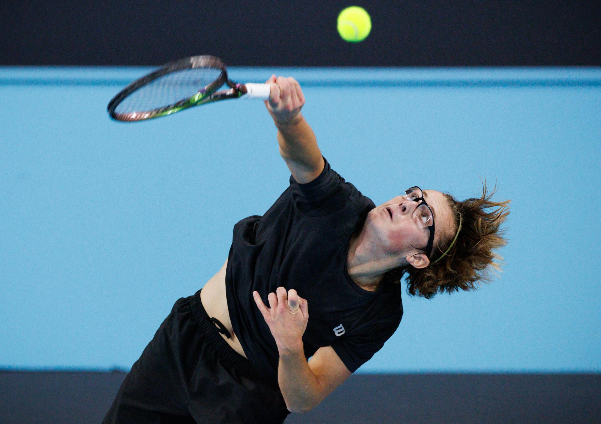 Belgian Jack Loge pictured during a qualification game between Belgian Loge and Kazach Yeseyev in the men's singles at the BW Open ATP Challenger 125 tournament, in Louvain-la-Neuve, Monday 22 January 2024. THE BW Open takes place from 22 to 28 January. BELGA PHOTO BENOIT DOPPAGNE