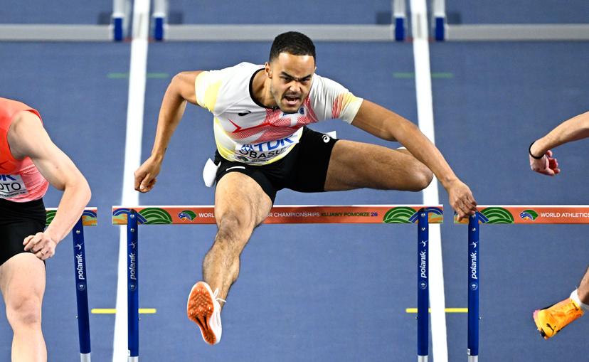 Belgian Michael Obasuyi pictured in action during the men's 60m hurdles, at and the second day of the World Athletics Indoor Championship in Torun, Poland on Saturday 21 March 2026. The championships take place from 20 to 22 March. BELGA PHOTO JASPER JACOBS