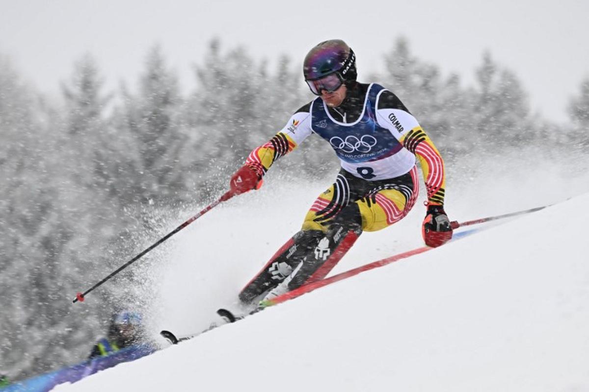 Belgium's Armand Marchant competes in the first run of the men's slalom alpine skiing event during the Milano Cortina 2026 Winter Olympic Games at the Stelvio Ski Centre in Bormio (Valtellina) on February 16, 2026. Fabrice COFFRINI / AFP