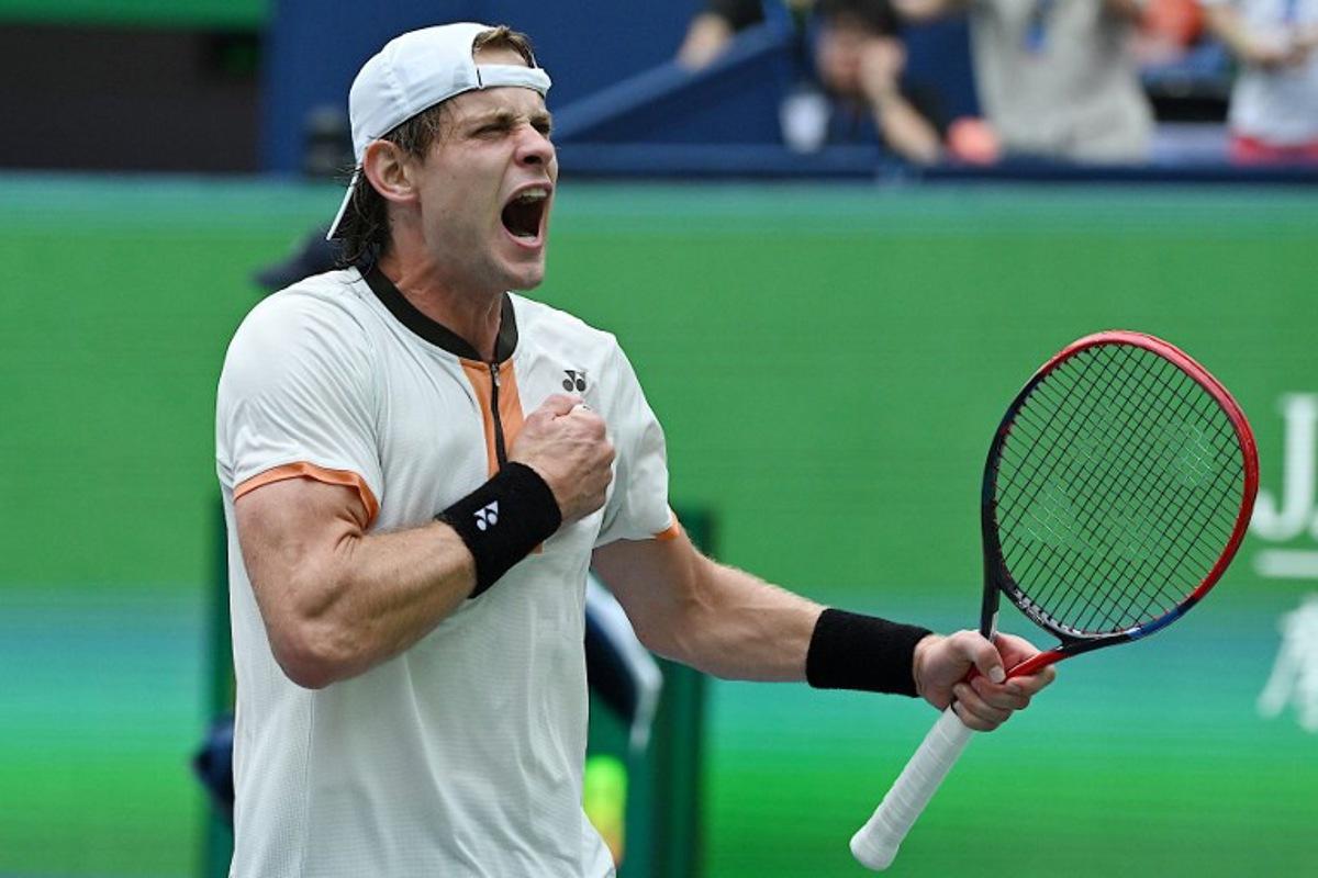 Belgium's Zizou Bergs celebrates after winning against Canada's Gabriel Diallo in their men's singles match at the Shanghai Masters tennis tournament in Shanghai on October 7, 2025. Jade Gao / AFP