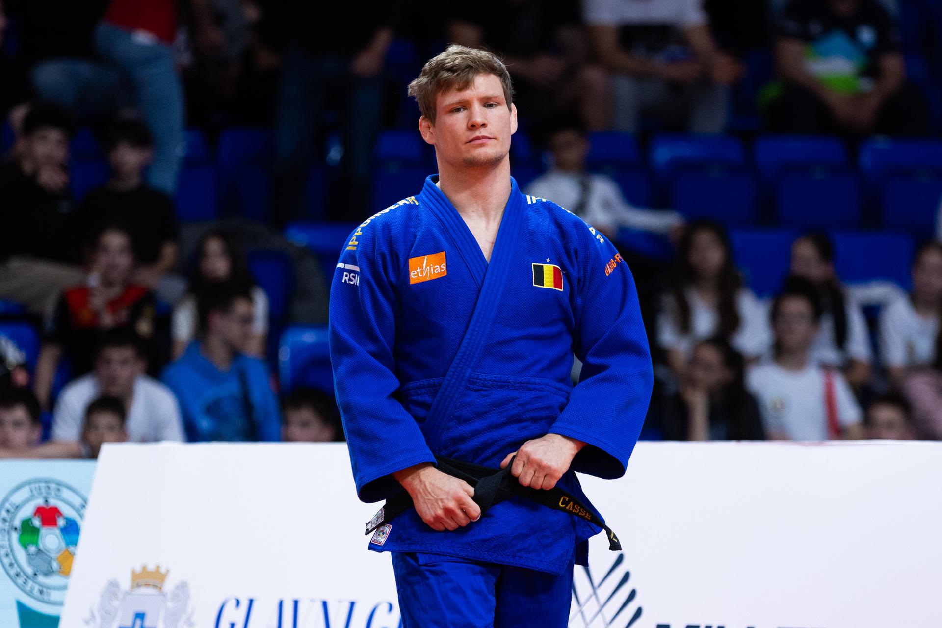 Belgian Matthias Casse (blue gi) takes on Italian Esposito (not pictured) during a judo bout in the Men -81kg category, at the European Judo Championships in Podgorica, Montenegro, on Friday 25 April 2025. The tournament is taking place from 23 tot 27 April 2025. BELGA PHOTO NIKOLA KRISTC