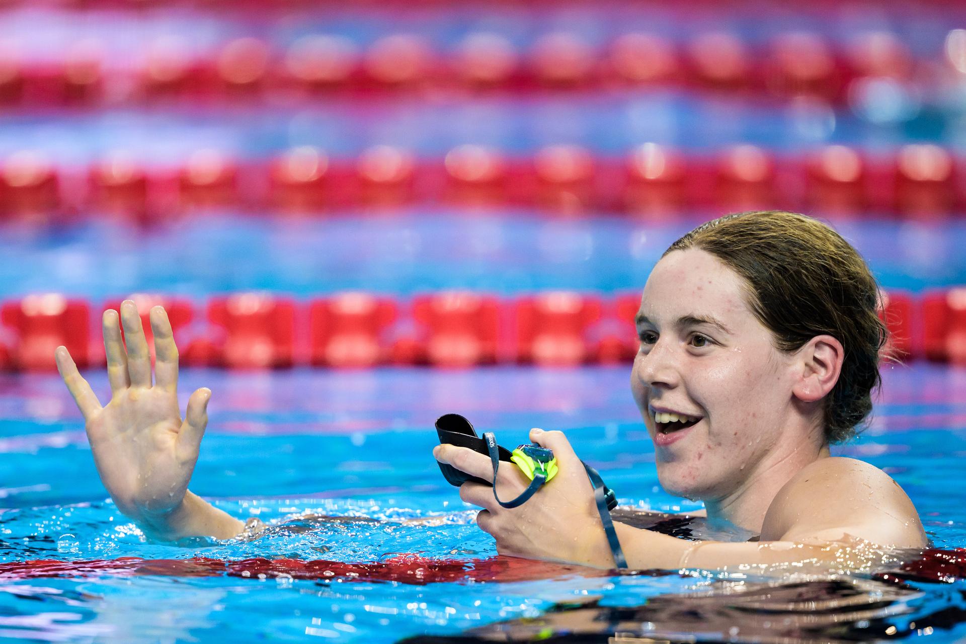 ATTENTION EDITORS - BENELUX ONLY - 250802 Roos Vanotterdijk of Belgium celebrates after finishing third in women's 50 meters butterfly swimming final during day 23 of the World Aquatics Championships on August 2, 2025 in Singapore. Photo: Joel Marklund / BILDBYRÅN / kod JM / JM0715 bbeng simning swimming svømming sim-vm vm sim-vm 2025 world aquatics championships 2025 dam jubel
