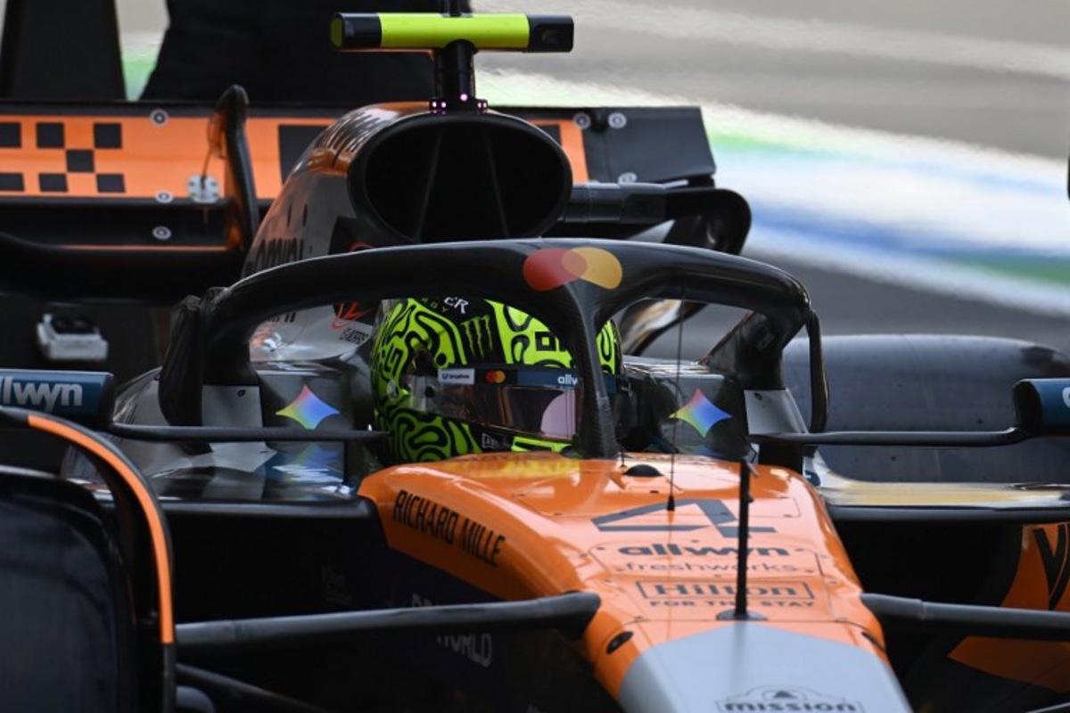 McLaren's British driver Lando Norris drives into the pit lane during the third practice session of the Mexico City Formula One Grand Prix at the Hermanos Rodriguez racetrack in Mexico City on October 25, 2025. Alfredo ESTRELLA / AFP