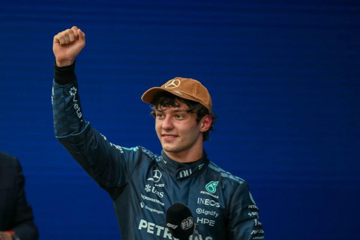 Mercedes' Italian driver Kimi Antonelli celebrates after winning the United States Formula One Grand Prix at the Circuit of the Americas in Austin, Texas, on October 25, 2026. RONALDO SCHEMIDT / AFP