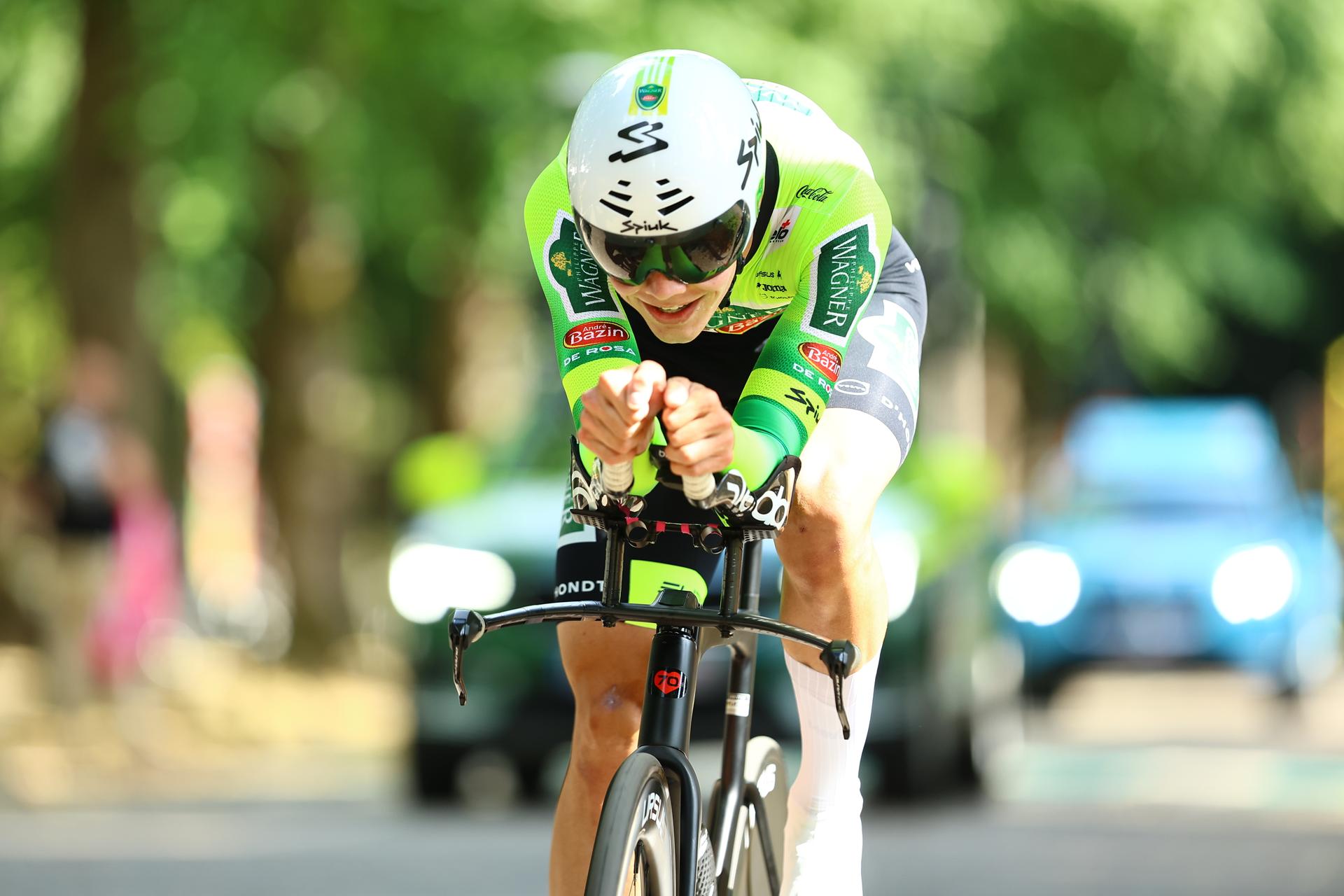 Belgian Michiel Lambrecht of Wagner Bazin WB pictured in action during the men's elite individual time trial of the Belgian Cycling Championships, 40,2km, in Brasschaat, on Friday 27 June 2025. BELGA PHOTO DAVID PINTENS
