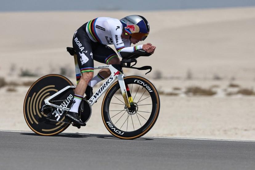 Red Bull-Bora-Hansgrohe's Belgian rider Remco Evenepoel competes during the second stage of the UAE Tour cycling event on al-Hudayriyat Island in Abu Dhabi on February 17, 2026. Fadel SENNA / AFP