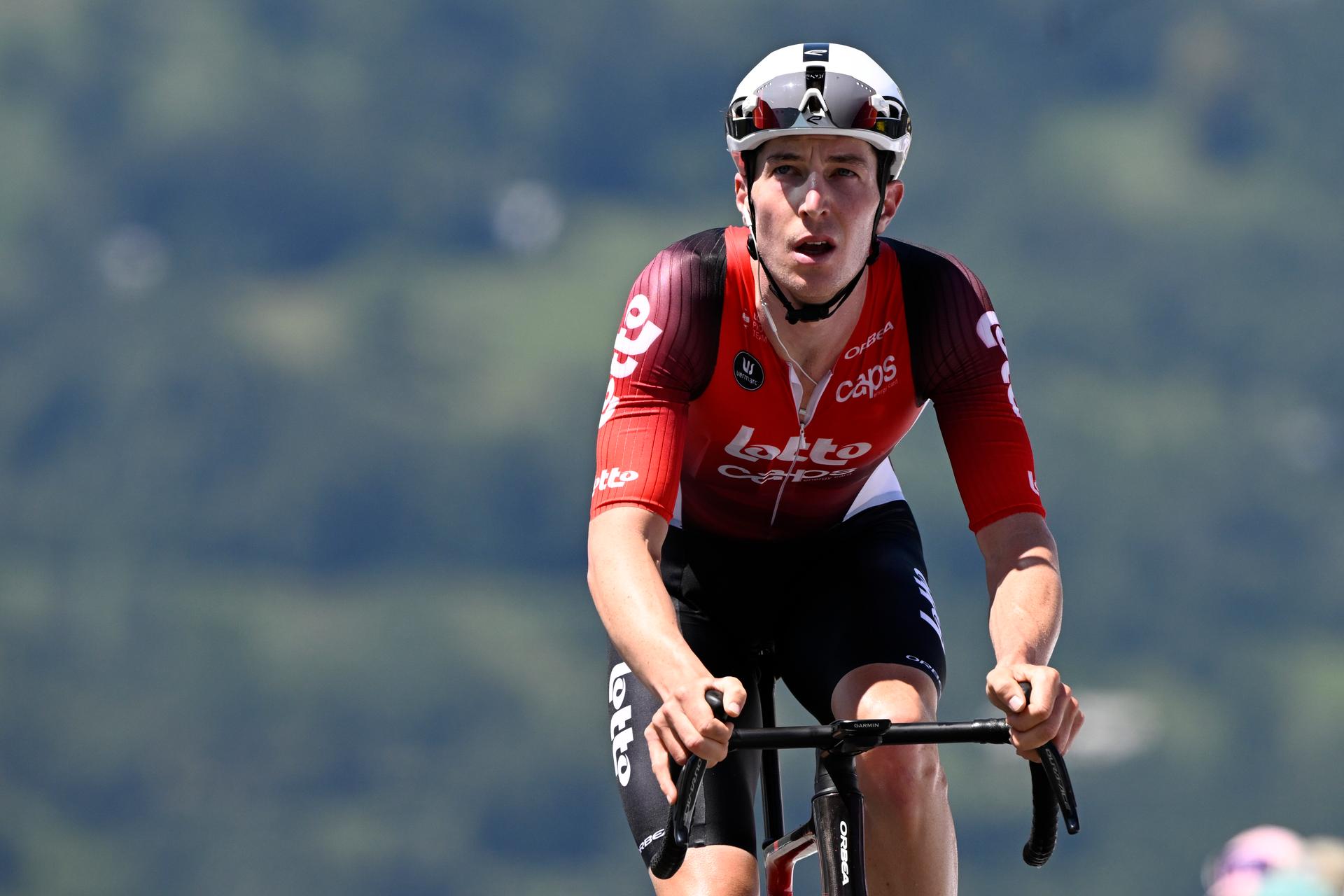Australian Jarrad Drizners of Lotto Cycling Team pictured at the finish of stage 13 of the 2025 Tour de France cycling race, an 11km individual time trial from Loudenvielle to Peyragudes, on Friday 18 July 2025 in France. The 112th edition of the Tour de France starts on Saturday 5 July in Lille, France, and will finish in Paris, France on the 27th of July. BELGA PHOTO JASPER JACOBS