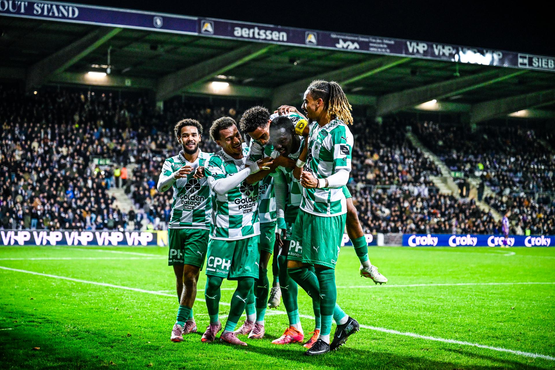 RAAL's Pape Fall celebrates after scoring during a soccer game between Beerschot VA (1B) and RAAL La Louviere, a 1/8 final game in the Croky Cup Belgian soccer cup competition, Tuesday 02 December 2025 in Antwerp. BELGA PHOTO TOM GOYVAERTS
