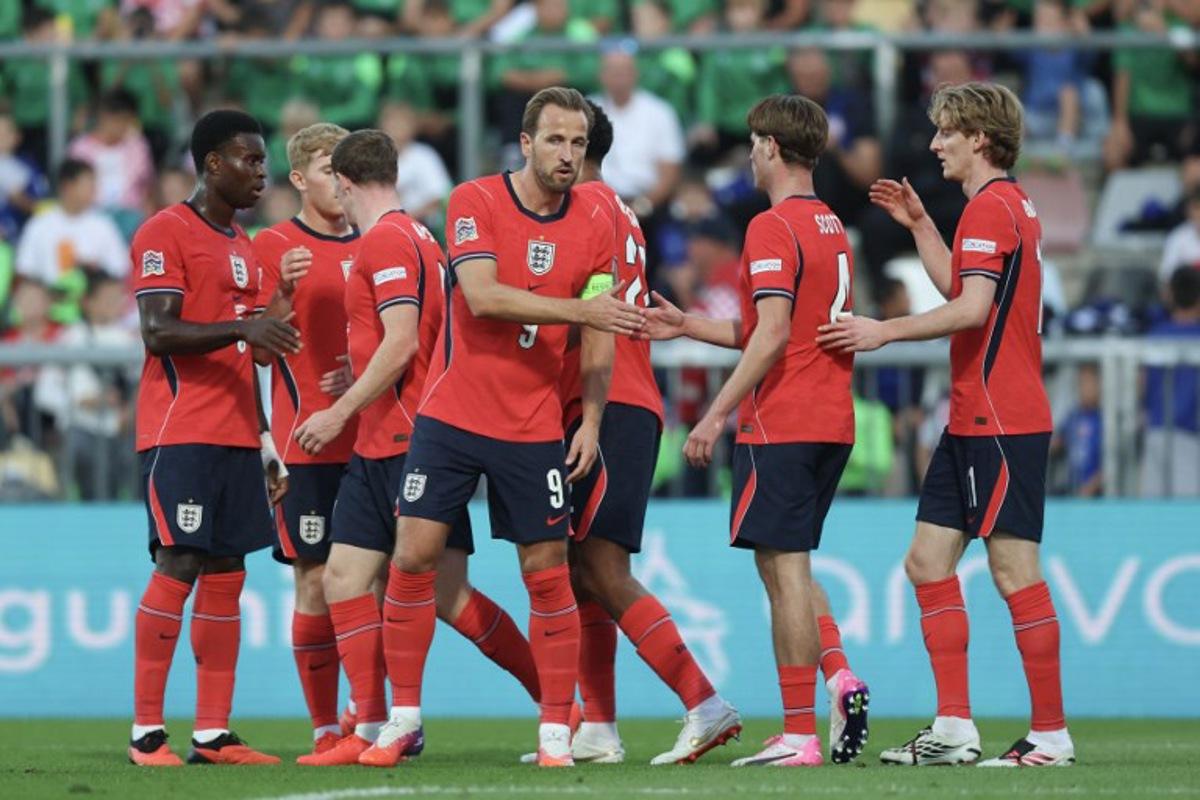 England's forward #9 Harry Kane (C) and teammates celebrate their second goal during the UEFA Nations League, league A day 3: Group 3, football match between Croatia and England at the Stadion HNK Rijeka stadium in Rijeka, Croatia, on October 3, 2026. MARKO PERKOV / AFP