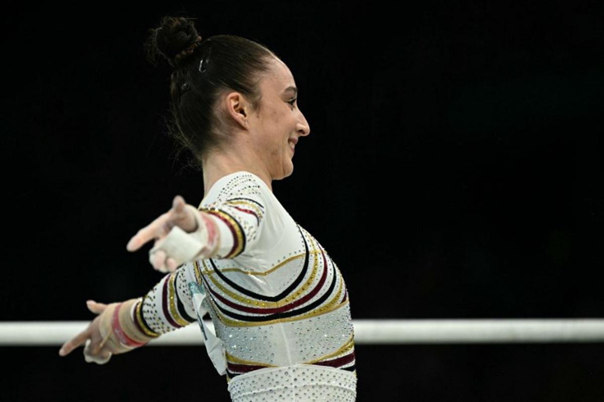 Belgium's Nina Derwael reacts after competing in the artistic gymnastics women's uneven bars final during the Paris 2024 Olympic Games at the Bercy Arena in Paris, on August 4, 2024. Lionel BONAVENTURE / AFP