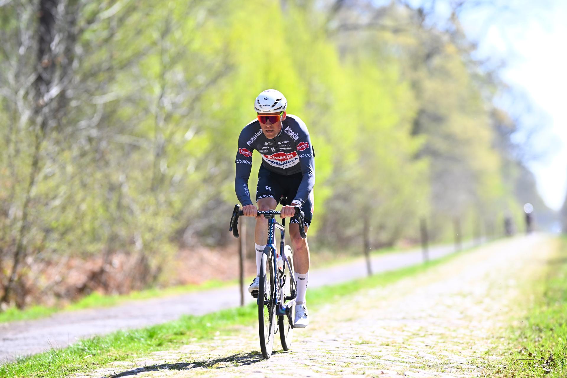 Belgian Timo Kielich of Alpecin-Deceuninck pictured during the reconnaissance of the track of this year's one-day cycling race Paris-Roubaix, around Roubaix, France, Friday 11 April 2025. BELGA PHOTO JASPER JACOBS