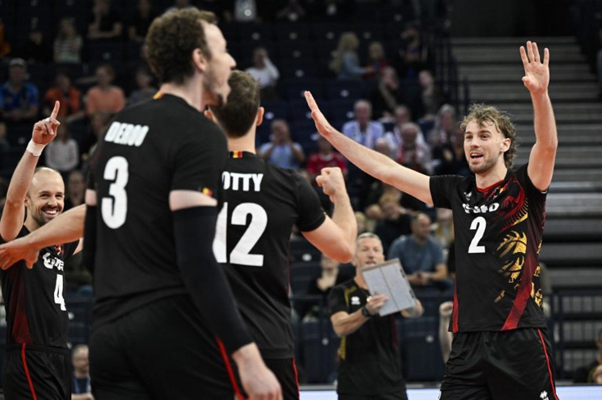 Team Belgium celebrates during the men's volleyball European Championships Pool C match Netherlands vs Belgium in Tampere, Finland, on September 11, 2026. Emmi Korhonen / Lehtikuva / AFP