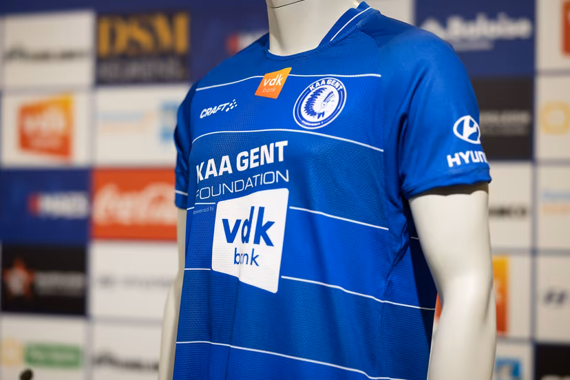 Illustration picture shows the new shirt with KAA Gent Foundation logo pictured during the weekly press conference of Belgian soccer team KAA Gent, Friday 08 April 2022 in Gent, to discuss the next game in the national competition. BELGA PHOTO JAMES ARTHUR GEKIERE