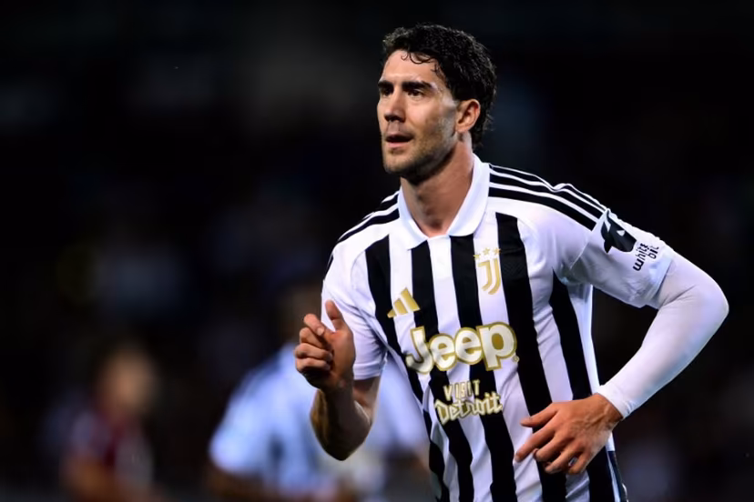 Juventus Serbian forward #09 Dusan Vlahovic celebrates after scoring a goal during the Italian Serie A football match between Torino and Juventus at the Olympic Grande Torino stadium in Turin on May 24, 2026. MARCO BERTORELLO / AFP