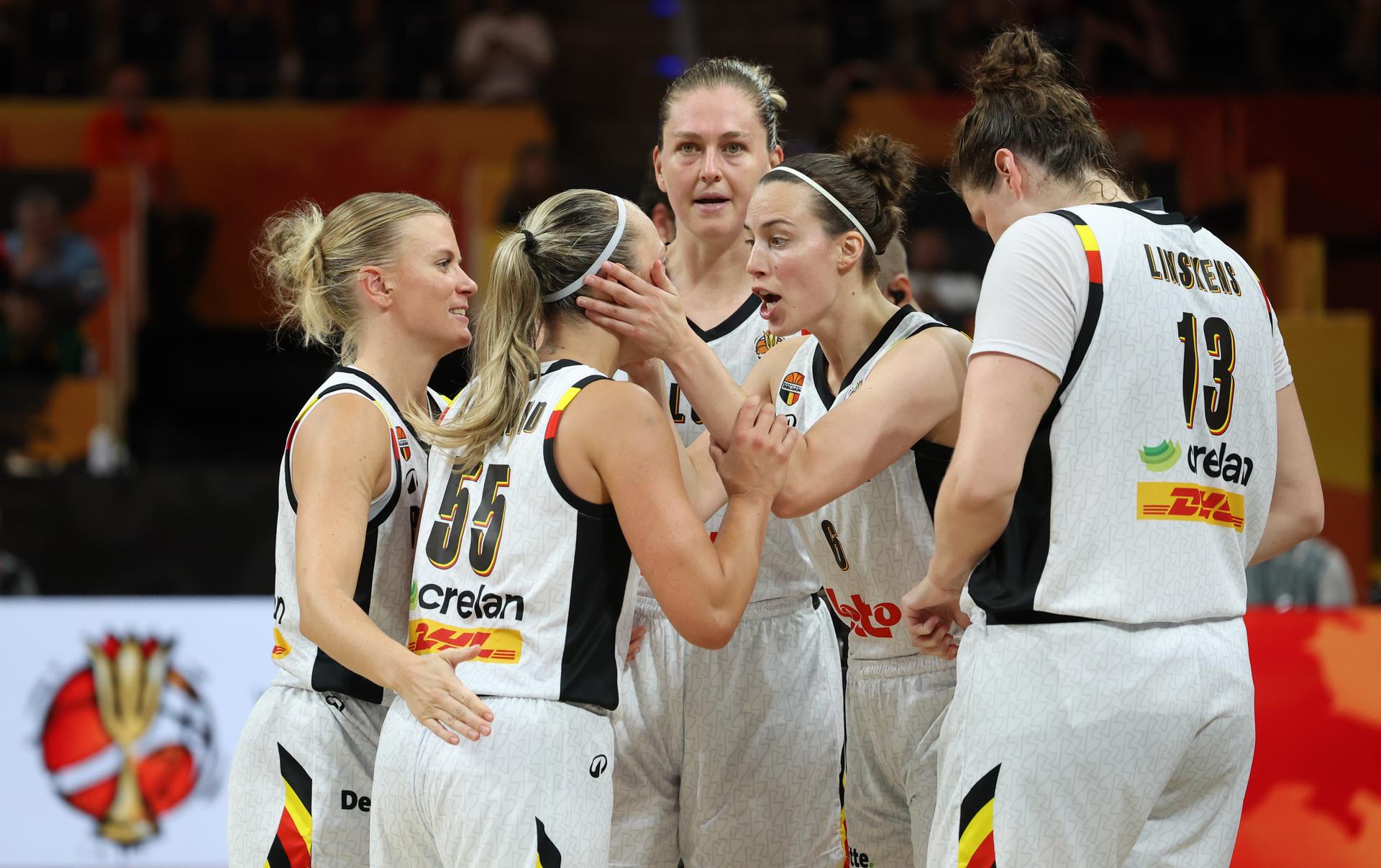 Belgium's Emma Meesseman; Belgium's Kyara Linskens; Belgium's Julie Allemand; Belgium's Antonia Delaere and Belgium's Julie Vanloo pictured during a game between Belgian national basketball team Belgian Cats and Turkey, game 1 of the group phase at the FIBA Women's Basketball World Cup, on Friday 4 September 2026, in Berlin, Germany. The FIBA Women's Basketball World Cup takes place in Berlin from 4 to 23 September 2026. BELGA PHOTO VIRGINIE LEFOUR