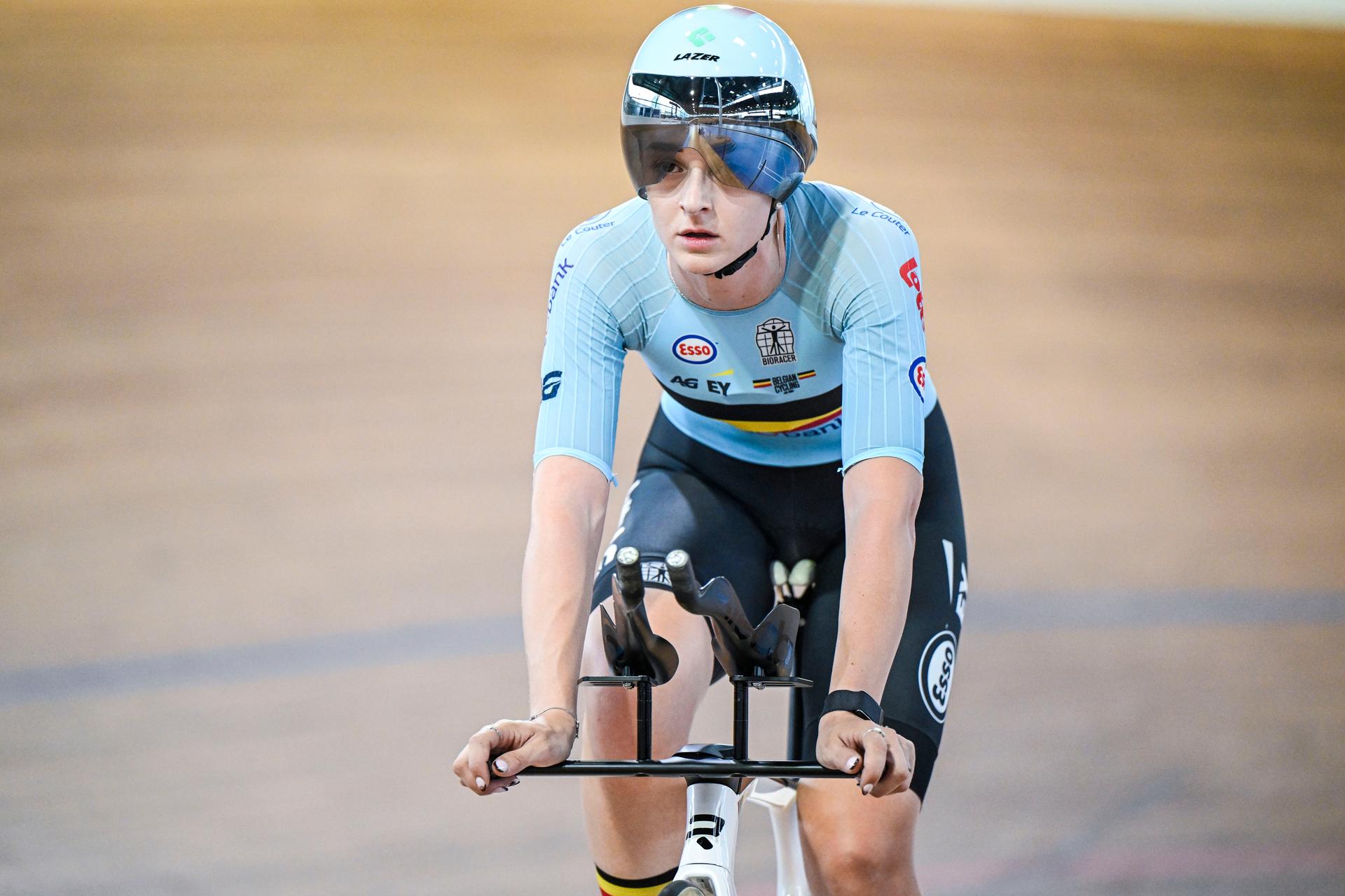 Belgian Marith Vanhove pictured in action during a training session of the delegation for the upcoming World Track Cycling Championships, Tuesday 14 October 2025 in Gent. The competition will take place in Santiago, Chile, from 22 to 26 October 2025. BELGA PHOTO TOM GOYVAERTS