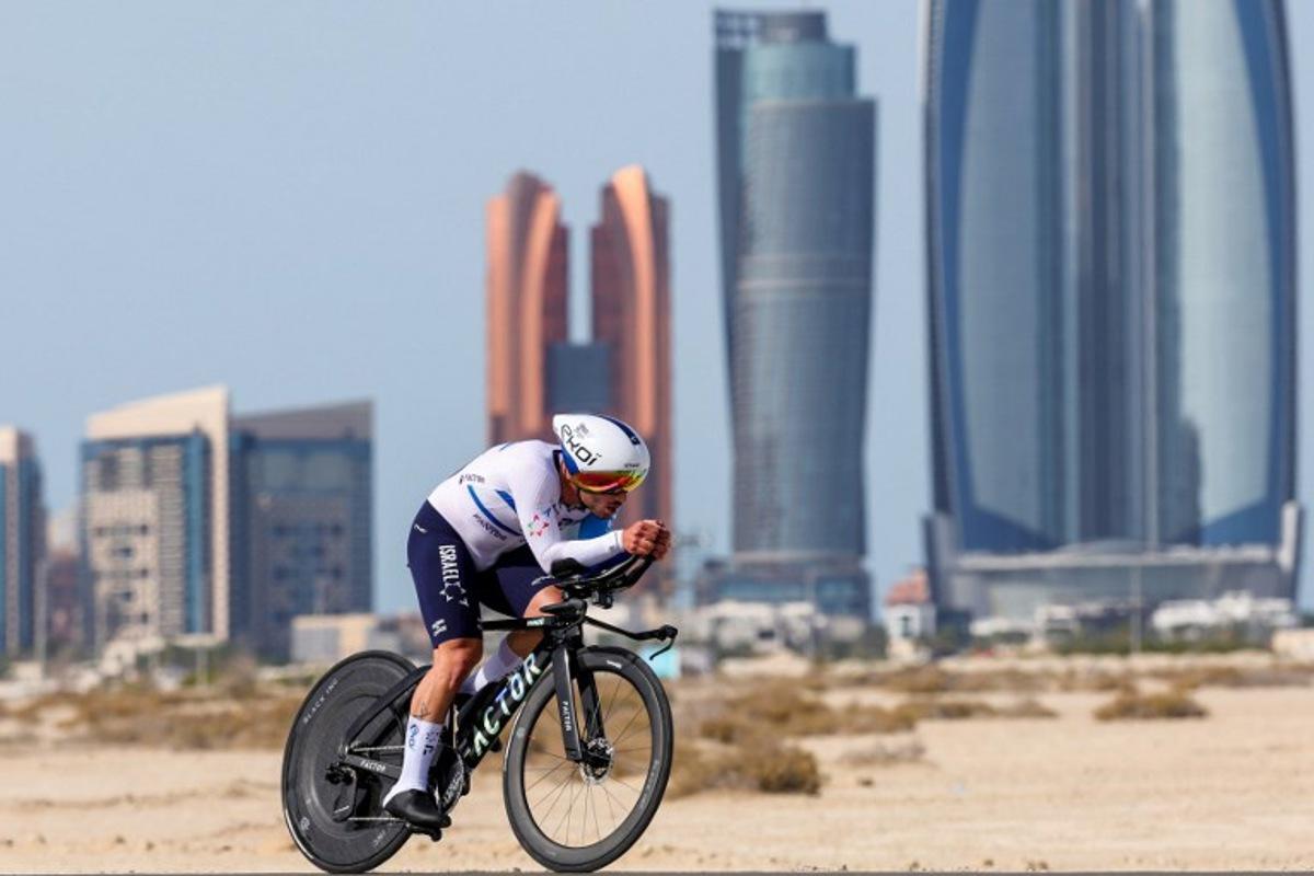 Israel-Premier Tech's Israeli cyclist Oded Kogut rides during the second stage of the 6th UAE Cycling Tour from al-Hudayriyat Island to al-Hudayriyat Island on February 20, 2024. Giuseppe CACACE / AFP