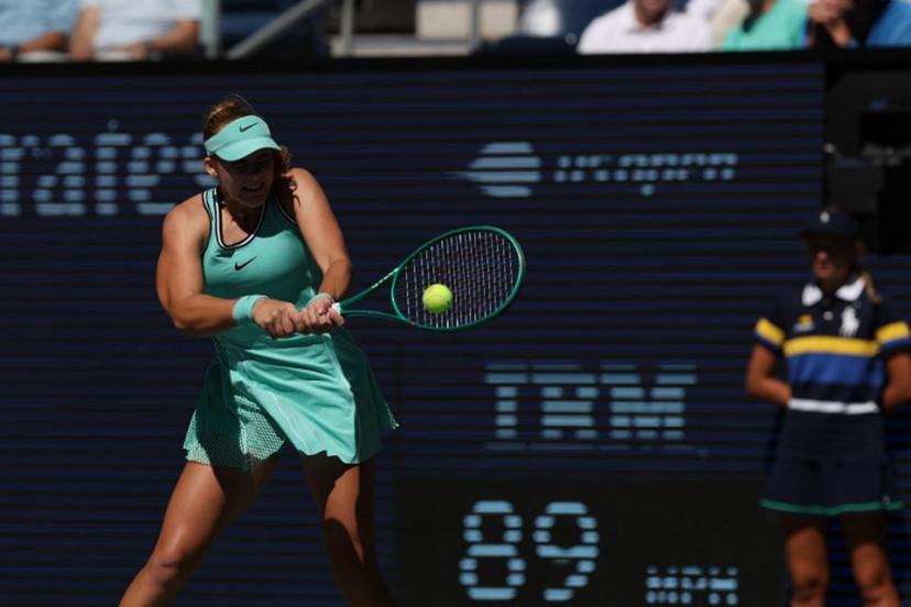 Russia's Mirra Andreeva hits a return against Austria's Anastasia Potapova during their women's singles round of 16 tennis match on day nine of the US Open tennis tournament at the USTA Billie Jean King National Tennis Center in New York City on September 7, 2026. TIMOTHY A. CLARY / AFP