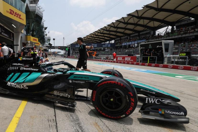 Mercedes' Italian driver Kimi Antonelli steers out of his garage into the pit lane during the third practice session ahead of the Formula One Bahrain Grand Prix in Sepang on October 3, 2026. I-HWA CHENG / AFP