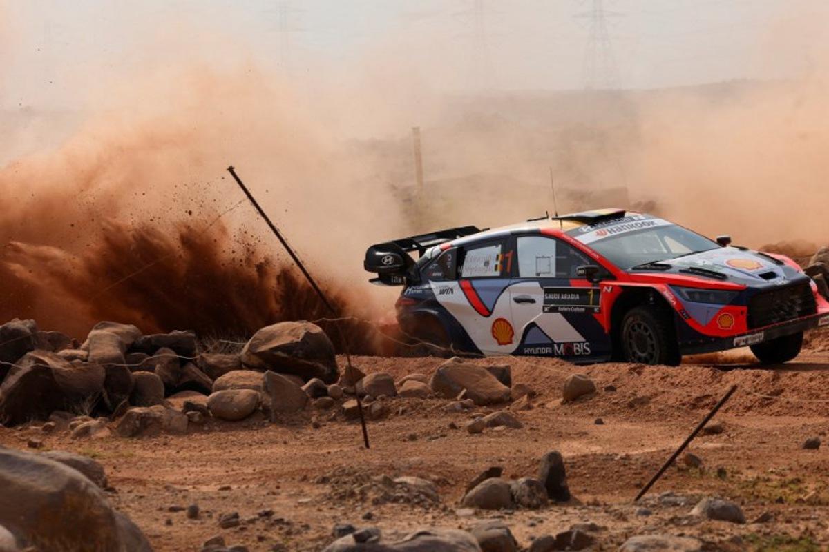 Hyundai Shell Mobis World Rally Team's Belgian driver Thierry Neuville and Belgian co-driver Martijn Wydaeghe steer their Hyundai i20 N Rally1 during the last day of the FIA World Rally Championship (WRC) in Jeddah on November 29, 2025. Fayez Nureldine / AFP