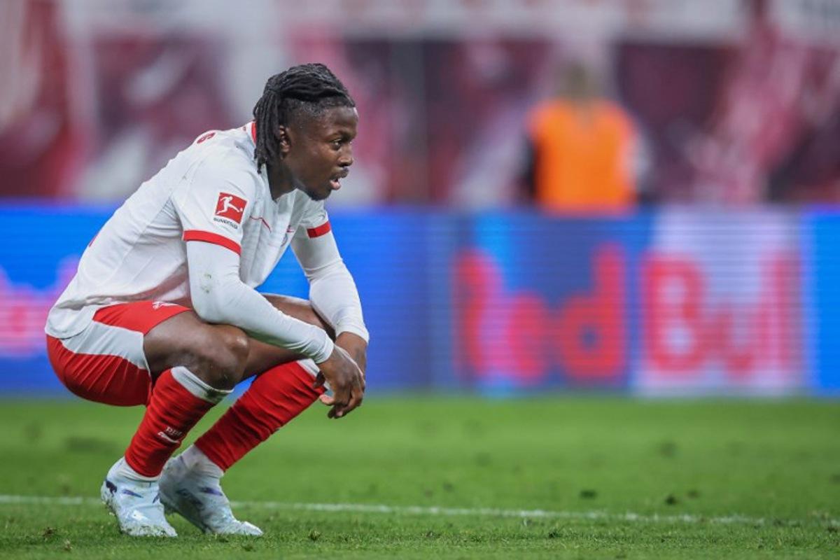 Leipzig's Belgian forward #09 Johan Bakayoko reacts during the German first division Bundesliga football match between RB Leipzig and Union Berlin in Leipzig, eastern Germany, on April 24, 2026. Ronny HARTMANN / AFP