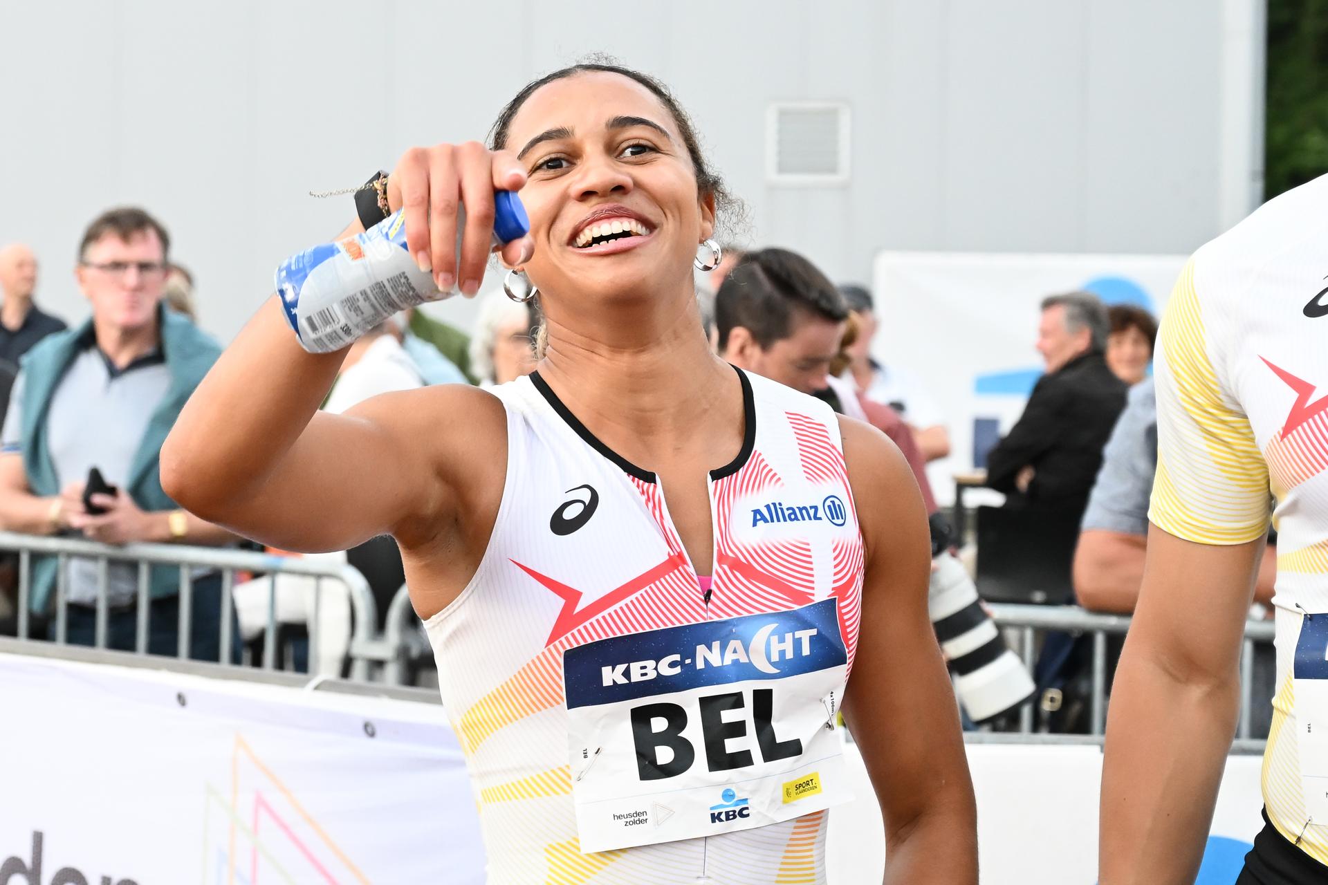 Belgian Delphine Nkansa pictured during the 4x100m mixed relay, at the 47th edition of the Nacht van de Atletiek' athletics meeting in Heusden-Zolder, Saturday 18 July 2026. This Bronze competition is part of the World Athletics Continental Tour. BELGA PHOTO JILL DELSAUX
