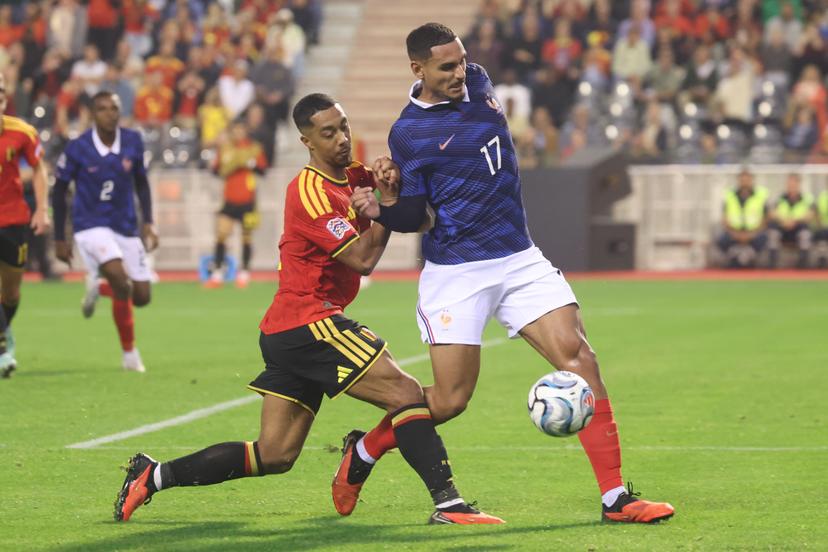Belgium's Youri Tielemans and France's Maxence Lacroix fight for the ball during a soccer game between Belgian national team Red Devils and France, on Monday 28 September 2026 in Brussels, the second game of the UEFA Nations League group stage. BELGA PHOTO VIRGINIE LEFOUR