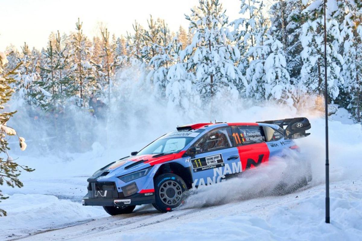 Belgian driver Thierry Neuville and co-driver Martijn Wydaeghe compete in their Hyundai i20 N Rally during Rally Sweden, the second round of the FIA World Rally Championship in Umea, Sweden, on February 13, 2026. Peo MOLLER / TT News Agency / AFP