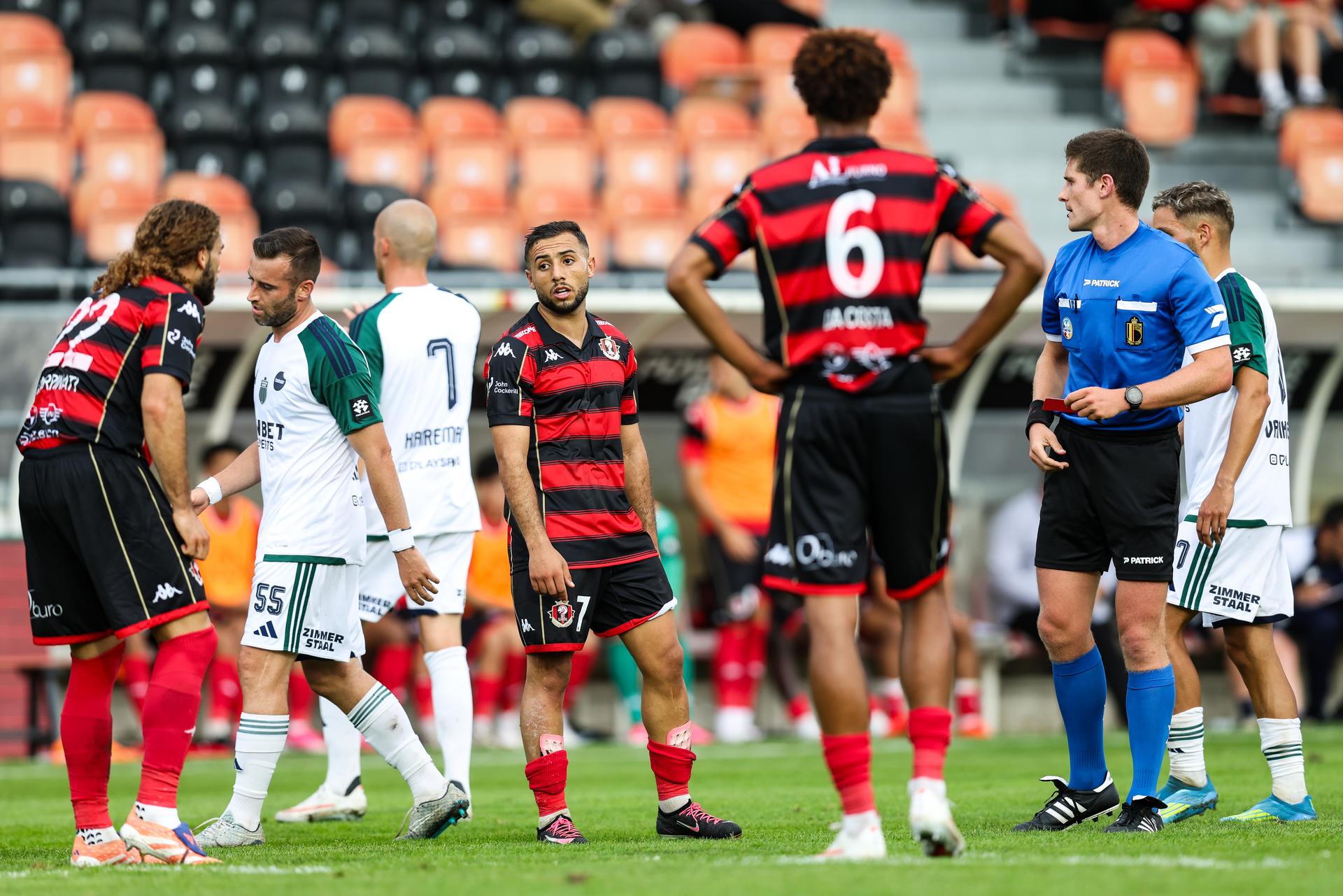 Seraing's Anas Namri receives a red card from the referee during a soccer match between RFC Seraing and Sporting Hasselt, Saturday 12 September 2026 in Seraing, on day 5 of the 2026-2027 'Challenger Pro League' the second highest division of the Belgian championship. BELGA PHOTO BRUNO FAHY
