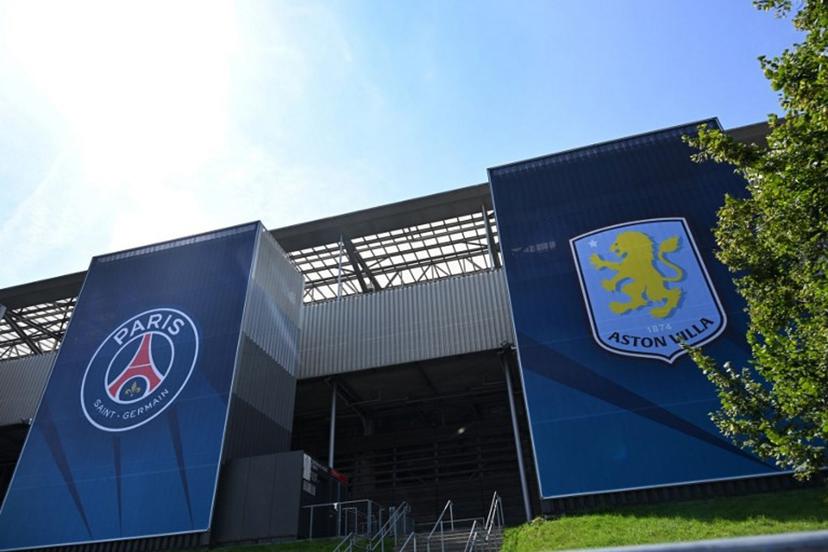 Banners announce the Football Supercup football match Paris Saint Germain vs Aston Villa, at the stade in Salzburg, on Juli 10, 2026. BARBARA GINDL / APA / AFP