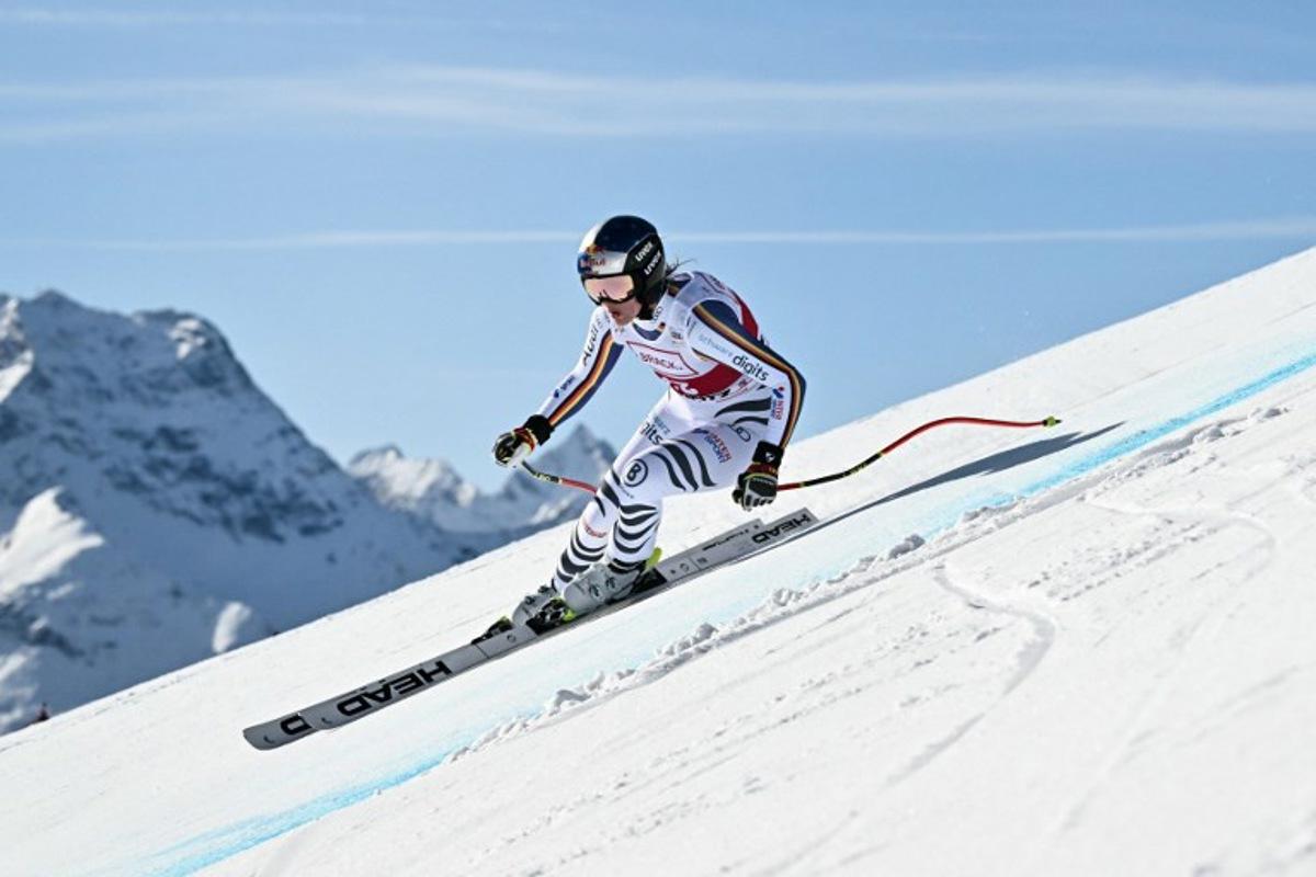 Germany's Emma Aicher competes in the women's downhill race part of the FIS Alpine Ski World Cup 2025-2026, in St Moritz, south-eastern Switzerland on December 12, 2025. Fabrice COFFRINI / AFP
