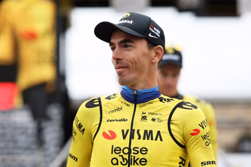 Team Visma - Lease a Bike's French rider Christophe Laporte attends the teams' presentations event on the eve of the 123rd edition of the Paris-Roubaix one-day classic cycling race, 258.3 km between Compiegne and Roubaix, in Compiegne, northern France, on April 11, 2026. Anne-Christine POUJOULAT / AFP