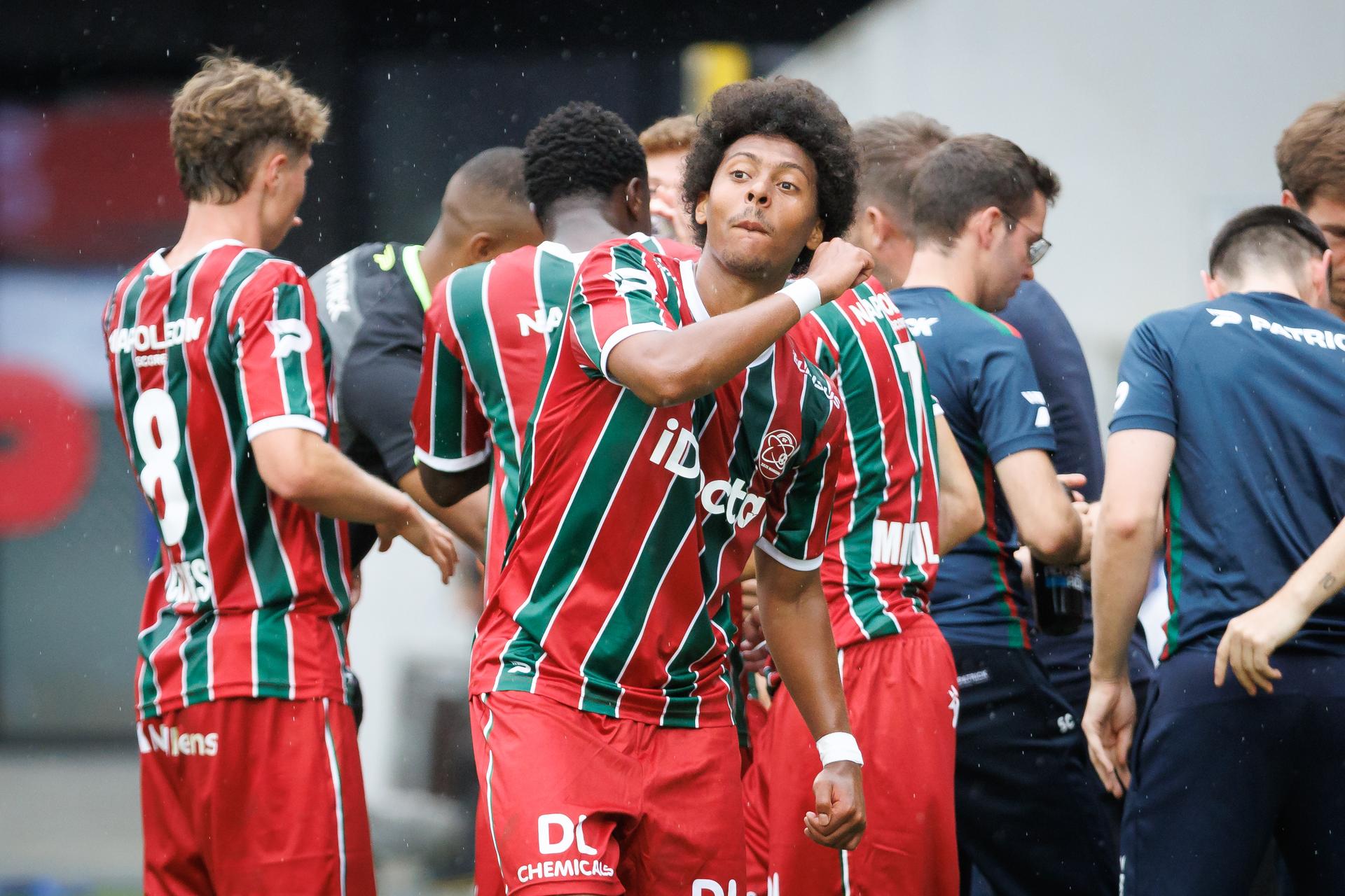 Essevee's Marley Ake celebrates after scoring during a soccer match between Zulte Waregem and KRC Genk, Sunday 9 August 2026 in Waregem, on day 1 of the 2026-2027 'Jupiler Pro League' first division of the Belgian championship. BELGA PHOTO KURT DESPLENTER