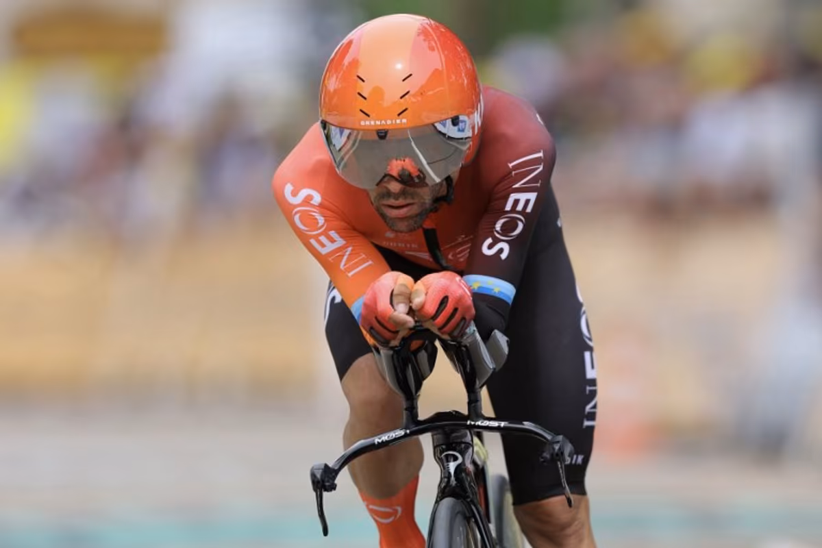 INEOS Grenadiers team's Spanish rider Jonathan Castroviejo cycles past the finish line of the 7th stage of the 111th edition of the Tour de France cycling race, 25,3 km individual time trial between Nuits-Saint-Georges and Gevrey-Chambertin, on July 5, 2024. Thomas SAMSON / AFP