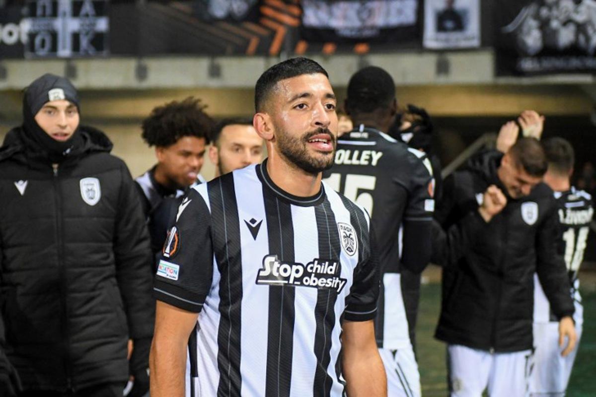 PAOK's Moroccan forward #34 Tarik Tissoudali reacts during the UEFA Europa League 1st round day 5 football match between FC RFS and PAOK Thessaloniki on November 28, 2024 in Riga, Latvia. Gints IVUSKANS / AFP