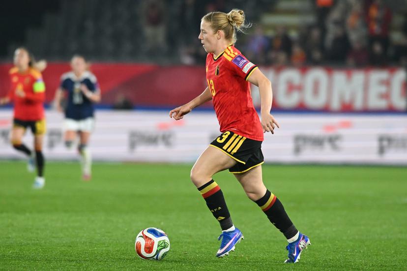 Belgium's Elena Dhont pictured in action during a soccer game between Belgium's national women's team the Red Flames and Scotland, on Saturday 18 April 2026 in Leuven, in the fourth of six games of the qualifiers for the 2027 FIFA Women's World Cup. BELGA PHOTO JILL DELSAUX