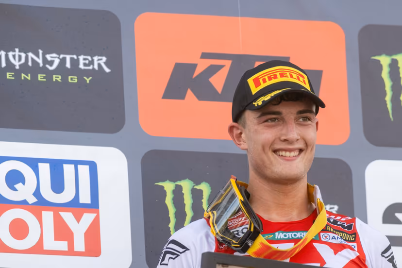 Belgium's Lucas Coenen celebrates on the podium after winning the motocross MXGP Grand Prix Flanders, race 15/20 of the FIM Motocross World Championship, Sunday 03 August 2025 in Lommel. BELGA PHOTO JONAS ROOSENS