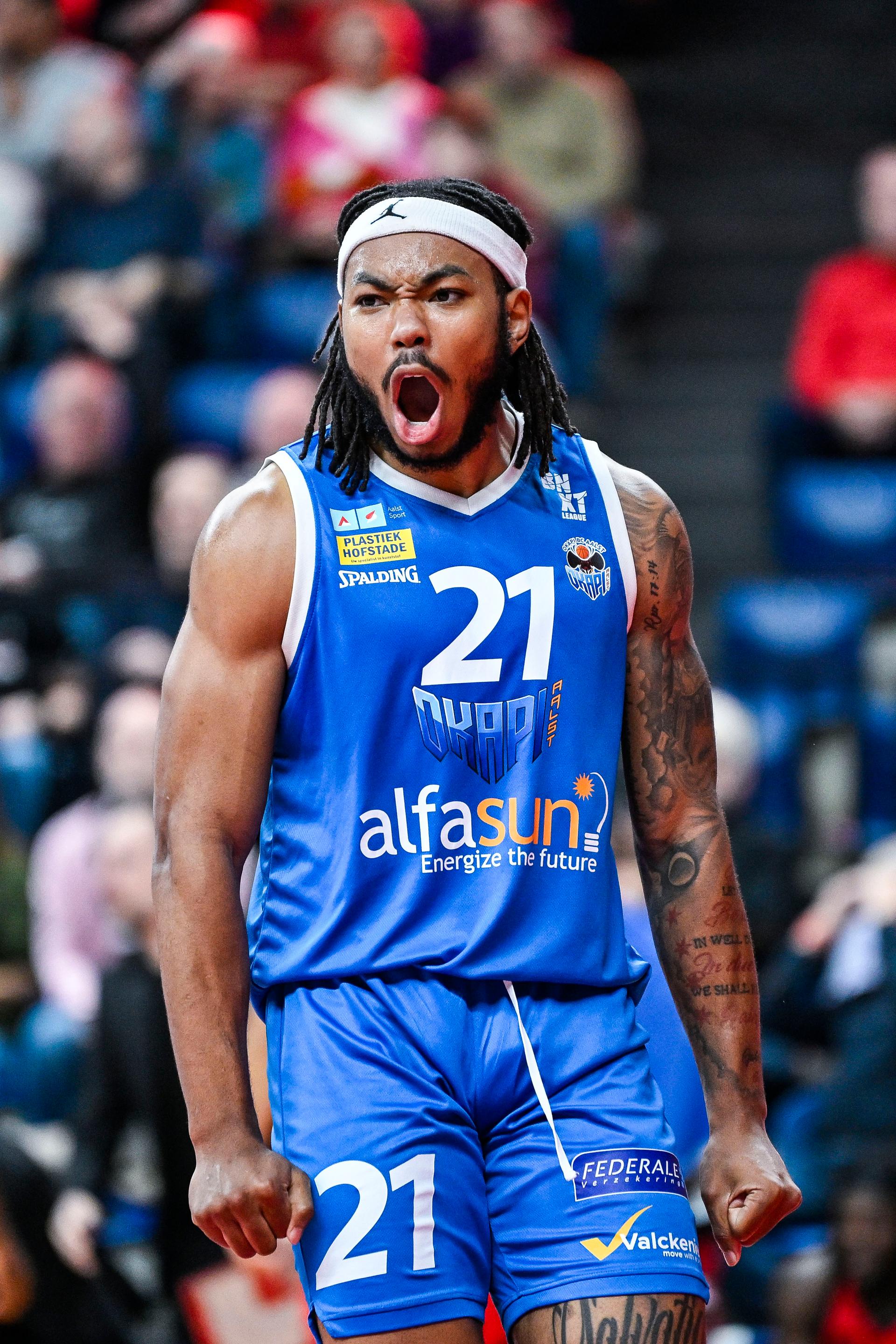 Aalst's Dante Maddox Jr. celebrates during a basketball match between Antwerp Giants and Okapi Aalst, Friday 07 November 2025 in Antwerp, on day 7 of the 'BNXT League' Belgian/ Dutch first division basket championship. BELGA PHOTO TOM GOYVAERTS