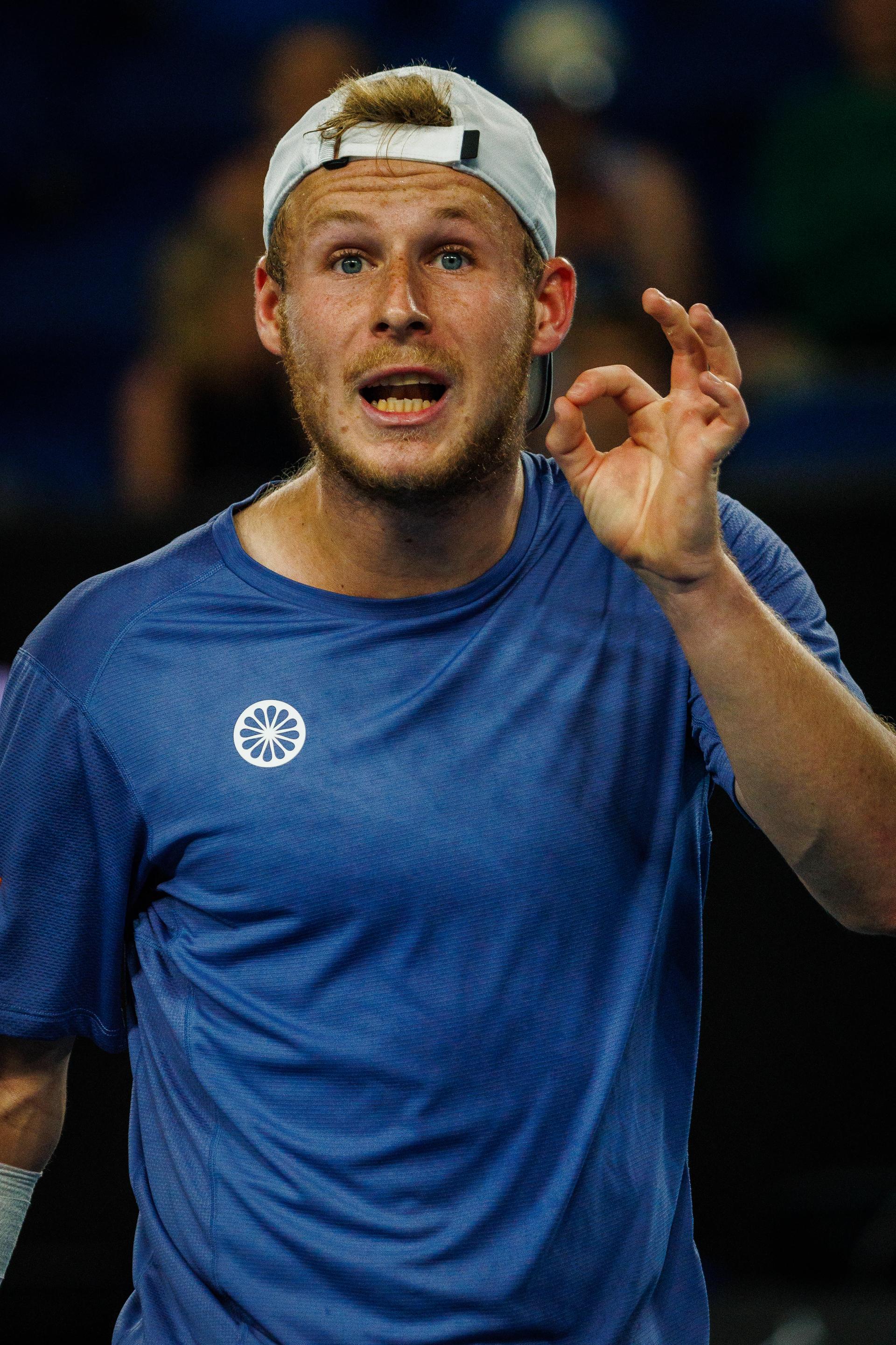 Belgian Gauthier Onclin pictured in action during a men's singles first round game between Belgian Onclin and American Opelka, at the 'Australian Open' Grand Slam tennis tournament, Sunday 12 January 2025 in Melbourne Park, Melbourne, Australia. The 2025 edition of the Australian Grand Slam takes place from January 12th to January 26th. BELGA PHOTO PATRICK HAMILTON