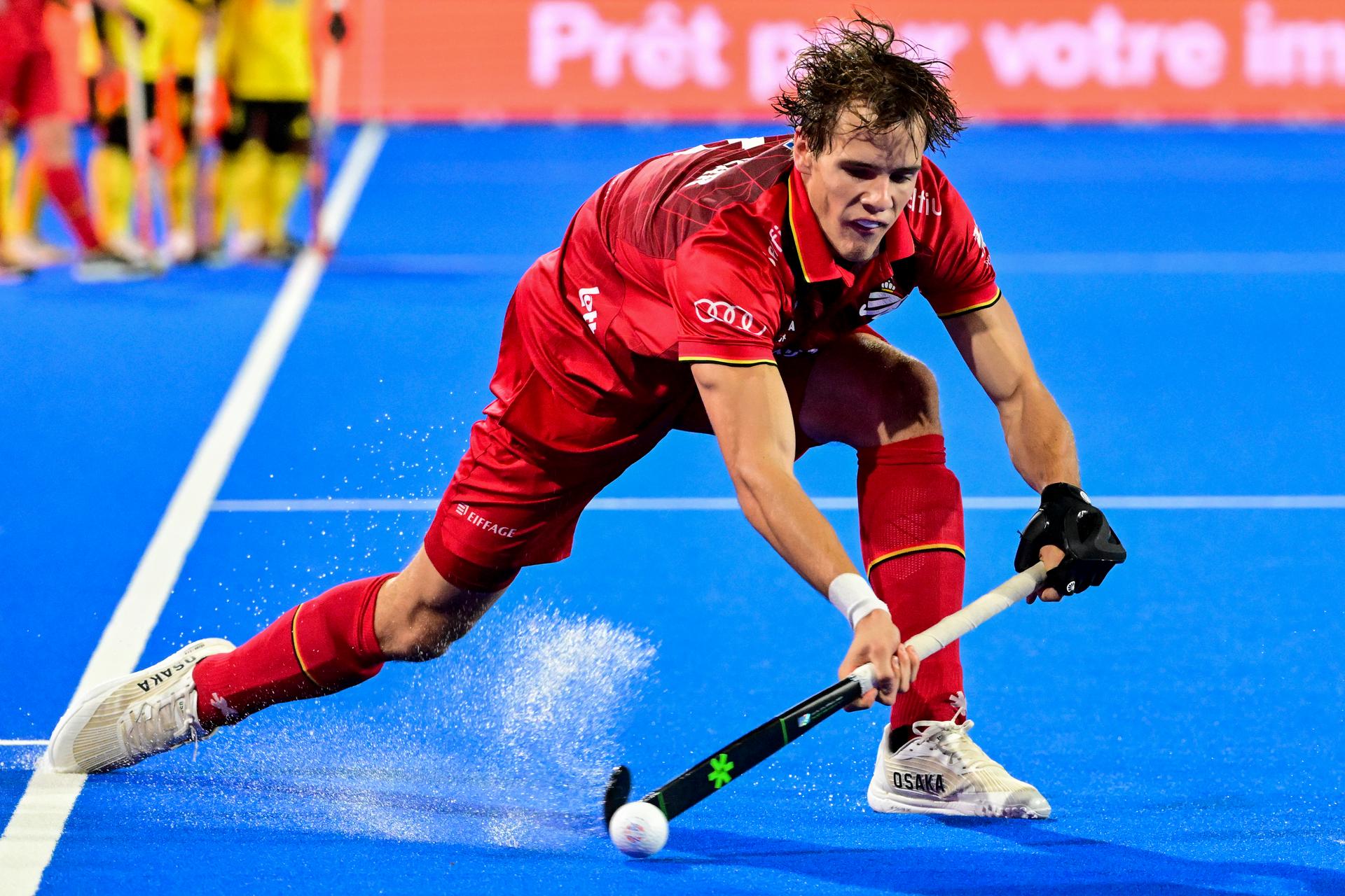 Belgium's Lucas Balthazar pictured during a hockey game between Belgian Lions and Malaysia, the third (out of three) matches during the group stage of the men's 2026 Hockey World Cup, Wednesday 19 August 2026 in Wavre. The 2026 edition of the Hockey World Cup takes place in Belgium and The Netherlands from August 15 to August 30. BELGA PHOTO DIRK WAEM